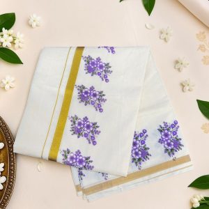 Floral Spray Kasavu Cotton