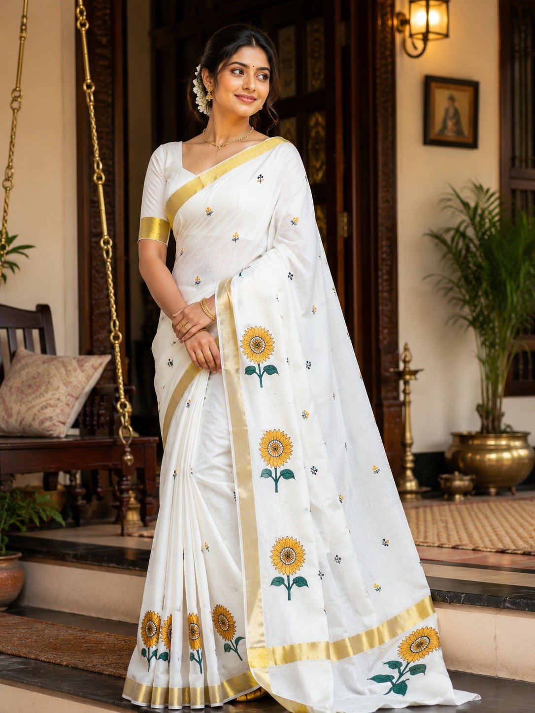 Sunflower Motif Kasavu Cotton — view 2