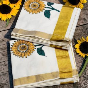 Sunflower Motif Kasavu Cotton