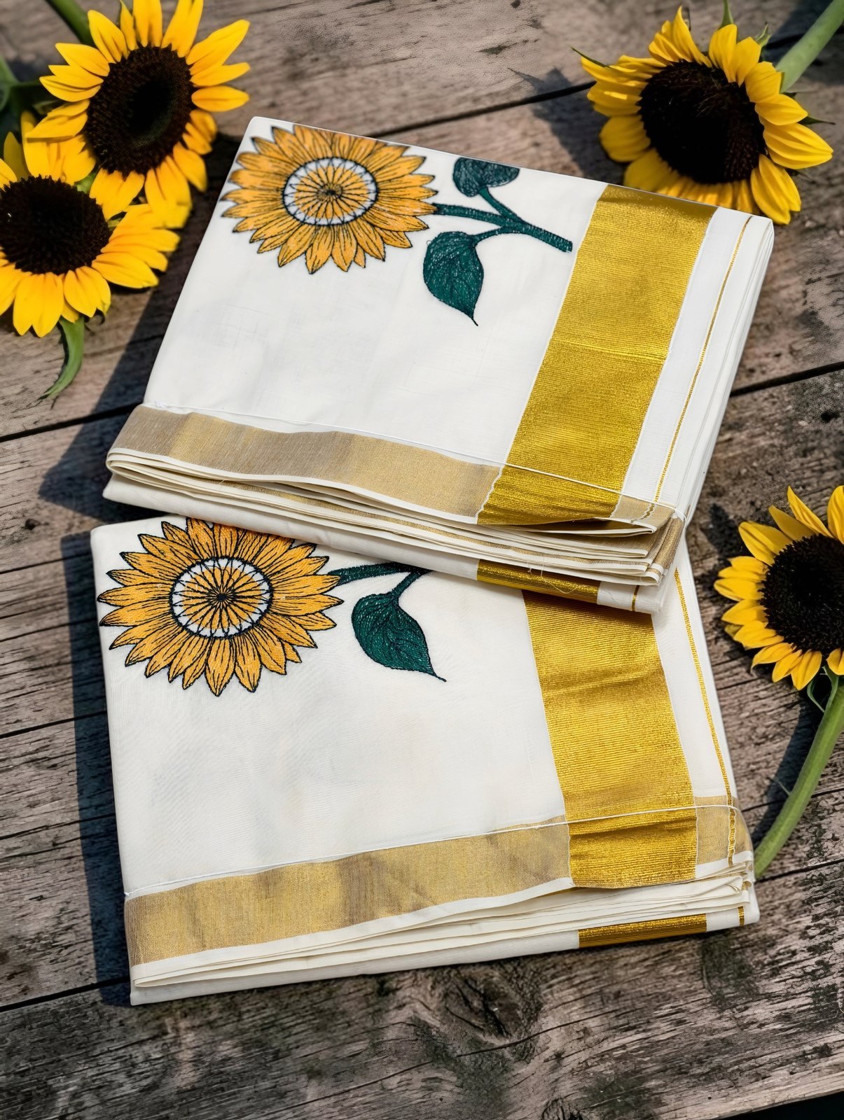 Sunflower Motif Kasavu Cotton