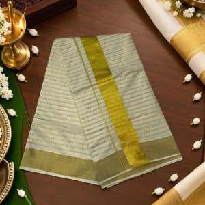 Cream Dotted Stripe Set Saree with Green-Gold Band