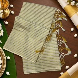 Cream Gold Stripe Set Saree with Knotted Tassels