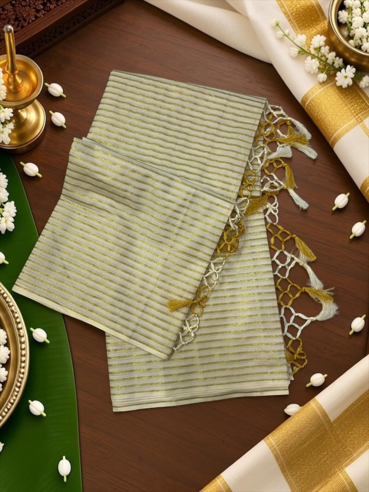 Cream Gold Stripe Set Saree with Knotted Tassels