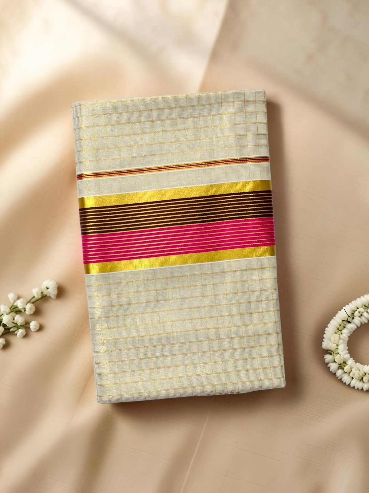 Coloured Stripe Kasavu Set Saree with Gold Check — view 2