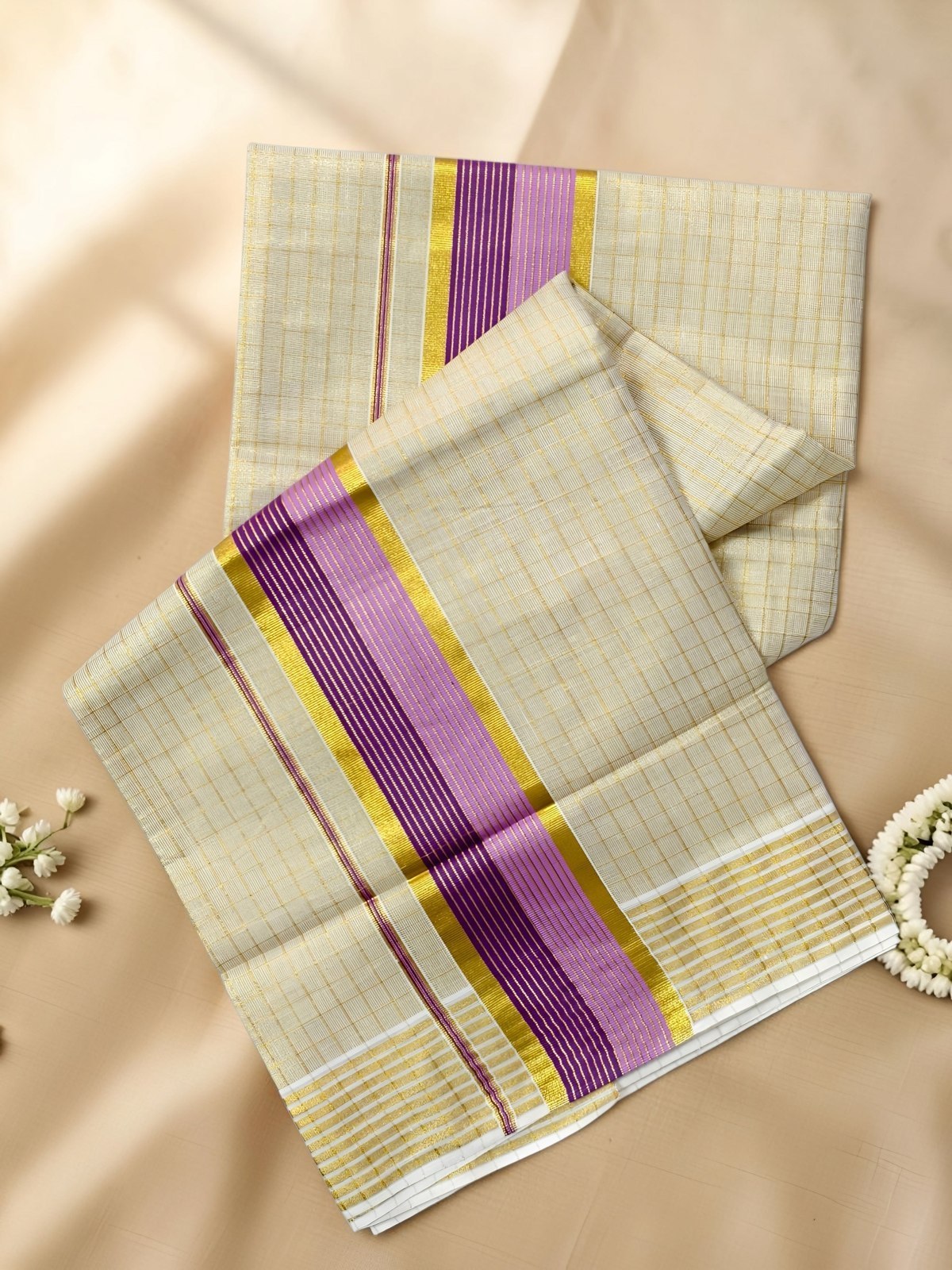 Coloured Stripe Kasavu Set Saree with Gold Check — view 3