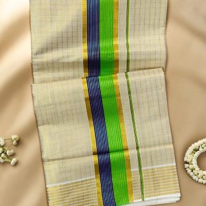 Coloured Stripe Kasavu Set Saree with Gold Check