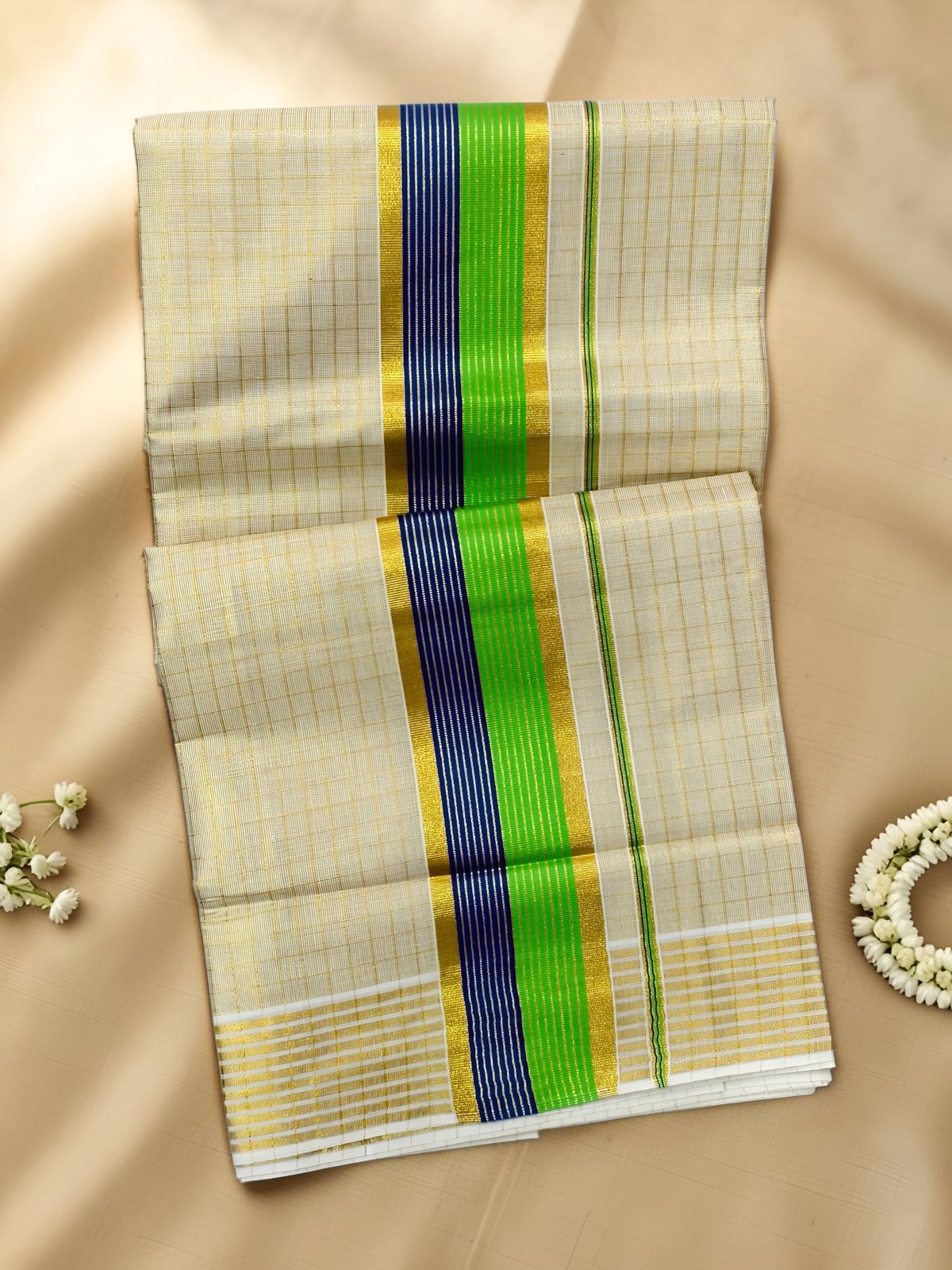Coloured Stripe Kasavu Set Saree with Gold Check