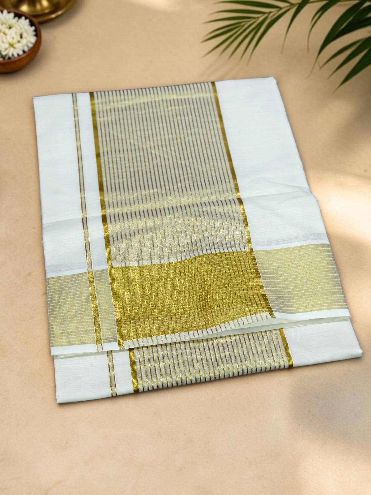 Gold-Striped Panel Kasavu Set Saree — view 2