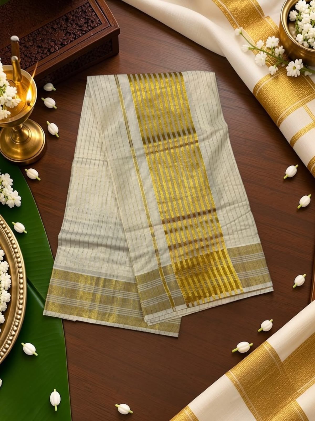 Gold-Striped Panel Kasavu Set Saree — view 3