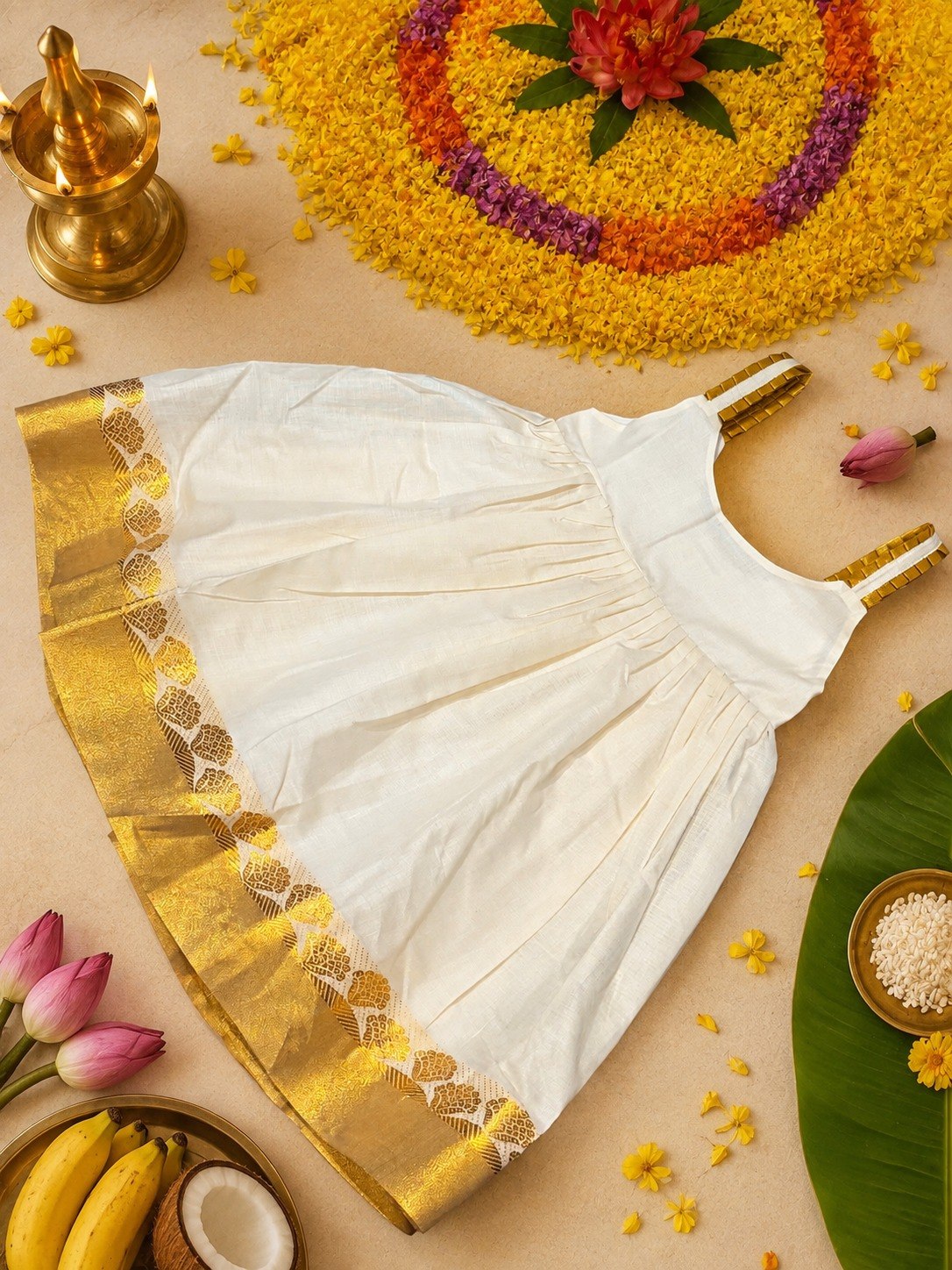 Pleated Gold-Border Onam Frock