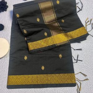 Black Diamond Butta Saree with Gold Weave Border