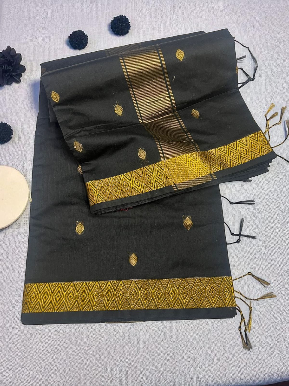 Black Diamond Butta Saree with Gold Weave Border