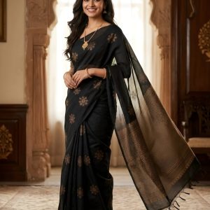 Black Gold Medallion Saree with Sheer Pallu