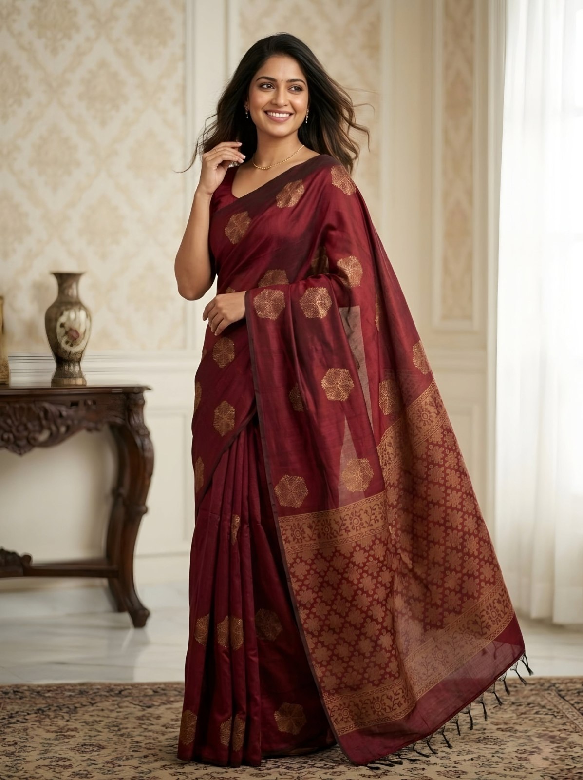 Maroon Gold Medallion Saree with Lattice Pallu