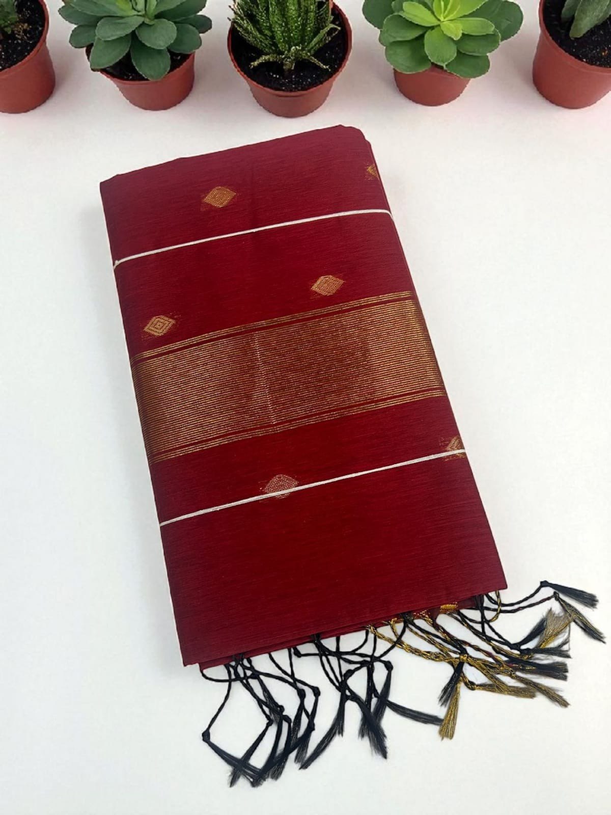 Maroon Butta Saree with Gold Stripe Panel