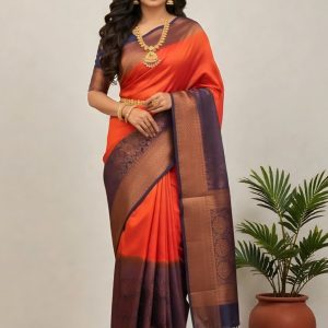 Orange and Navy Brocade Silk Saree