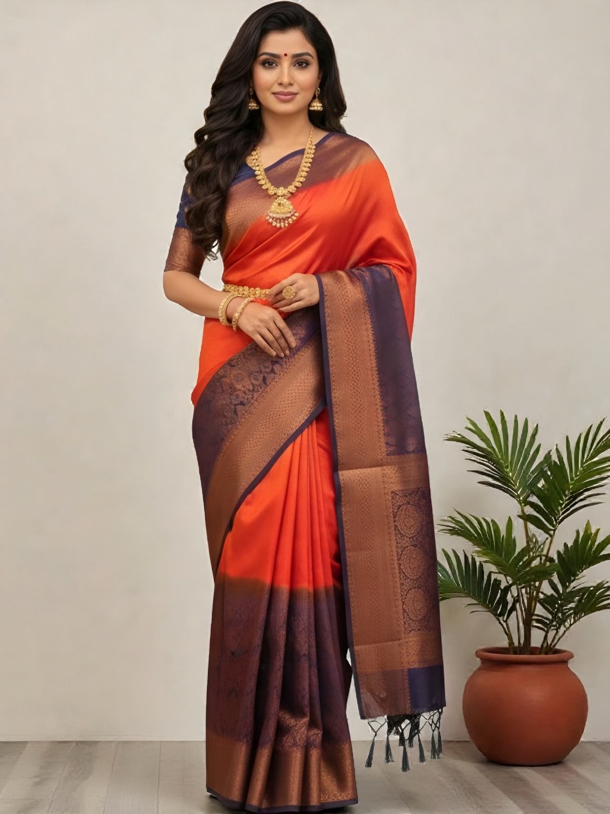 Orange and Navy Brocade Silk Saree