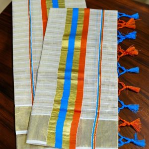 Blue and Orange Tasselled Handloom Set Mundu