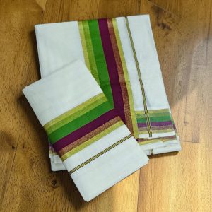 Green and Magenta Border Handloom Set Mundu