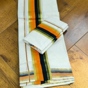 Orange and Black Border Handloom Set Mundu