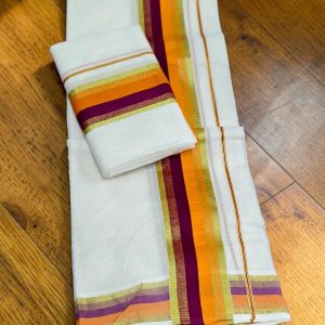 Orange and Maroon Stripe Handloom Set Mundu