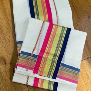 Pink and Navy Border Handloom Set Mundu