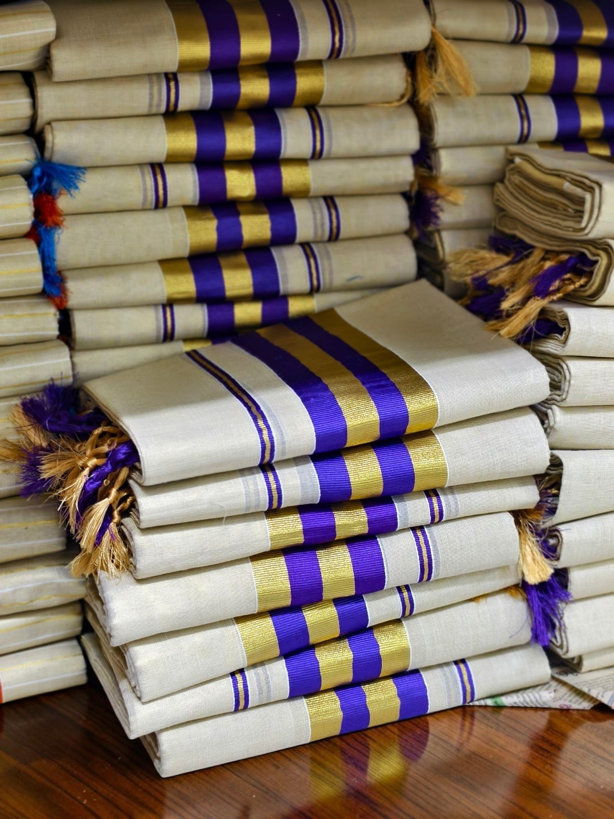 Purple and Gold Tasselled Handloom Set Mundu — view 2