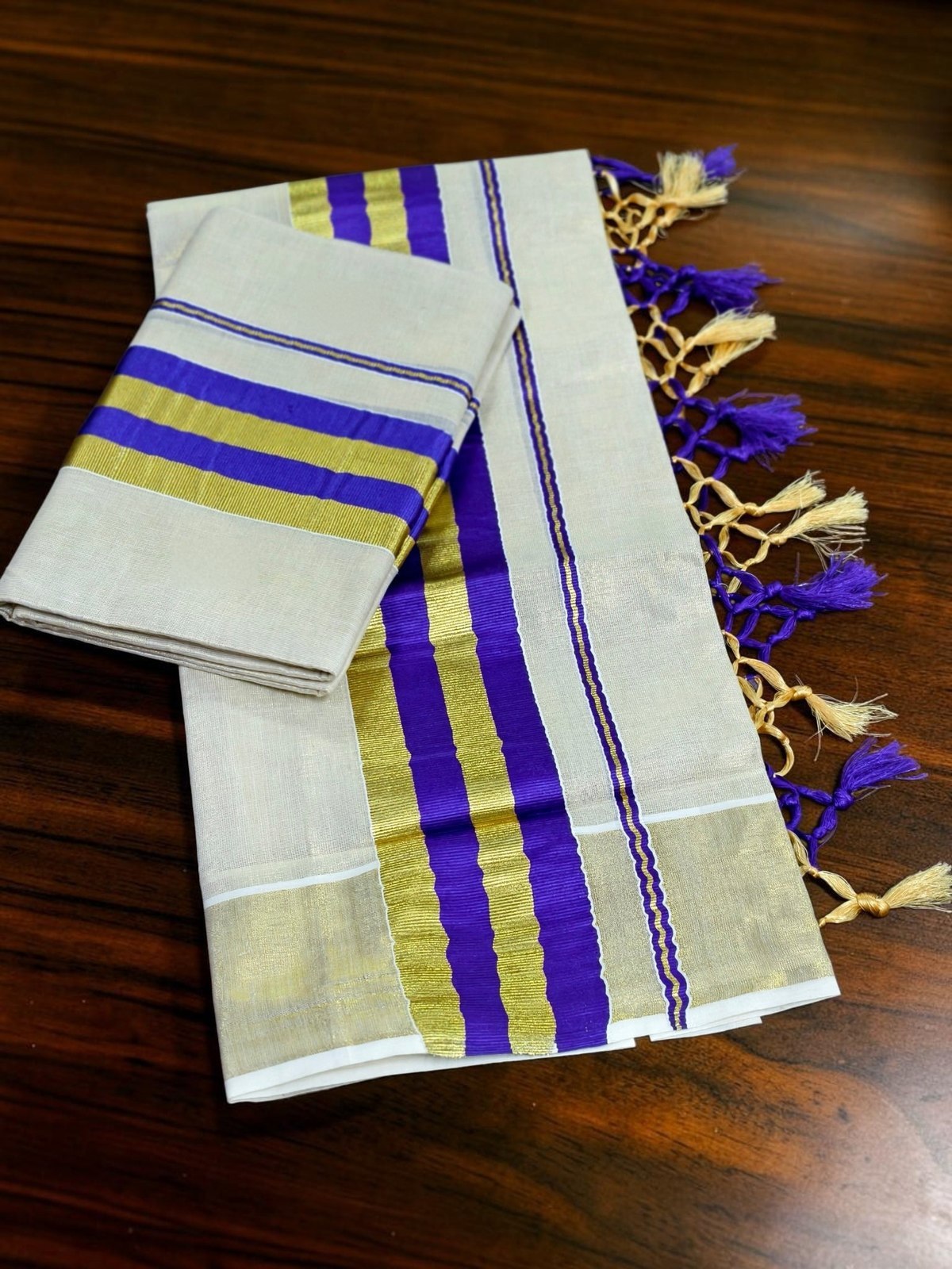 Purple and Gold Tasselled Handloom Set Mundu