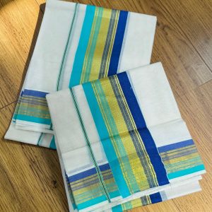Teal and Blue Border Handloom Set Mundu