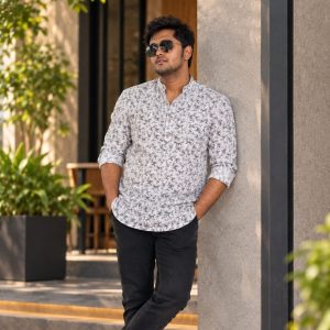 White Leaf-Print Mandarin Shirt